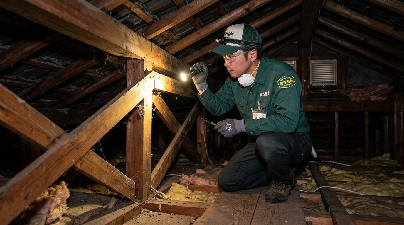 屋根裏を丁寧に調査するプロのスタッフ
