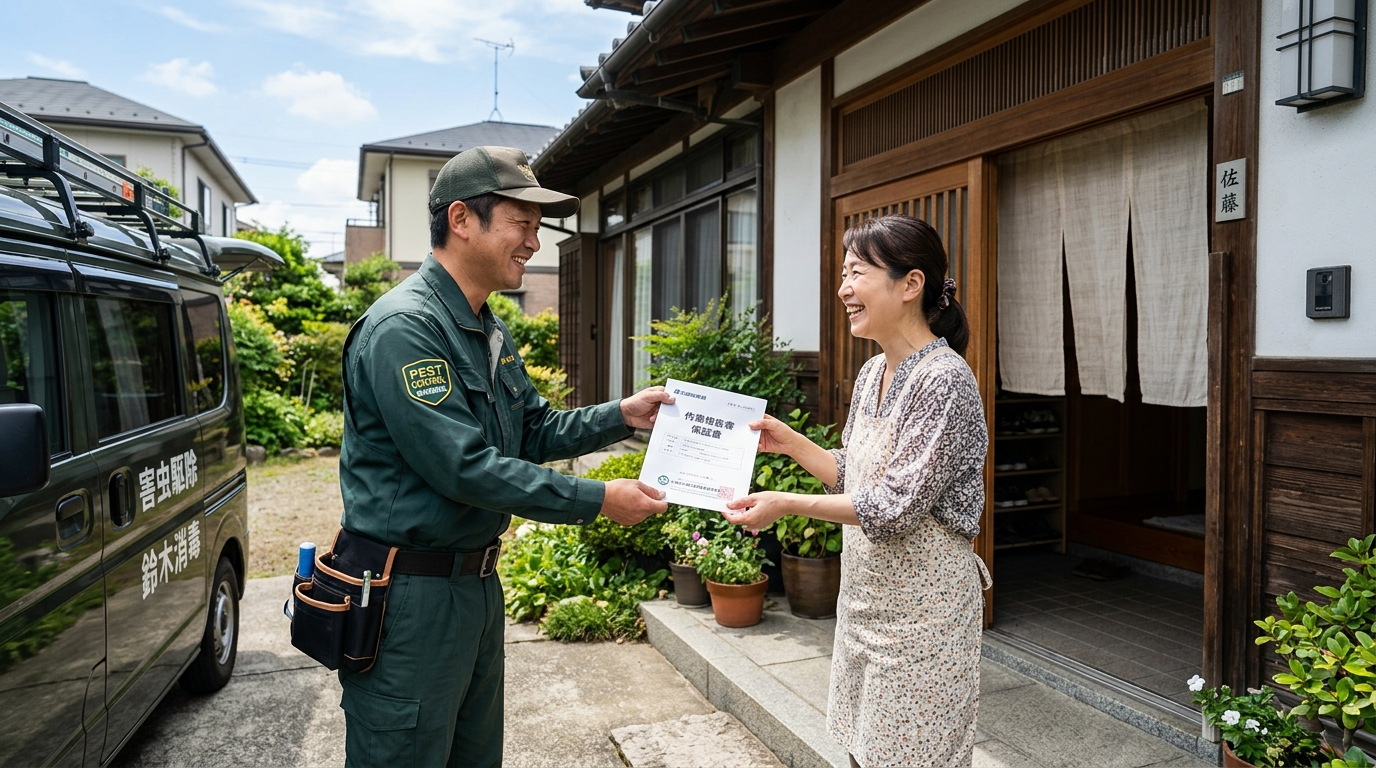 施工完了後、お客様に報告書をお渡しするスタッフ